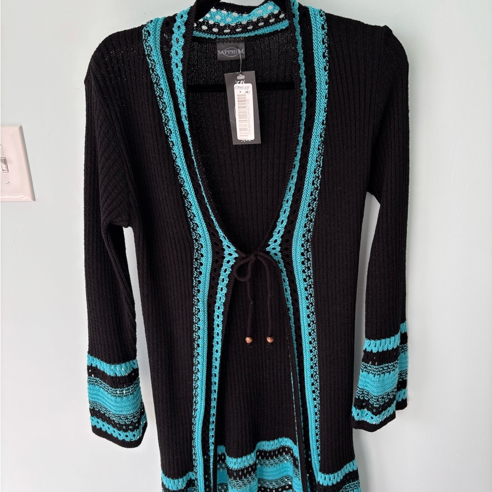 Gorgeous Black & turquoise sweater fits small to medium & close to knee length.